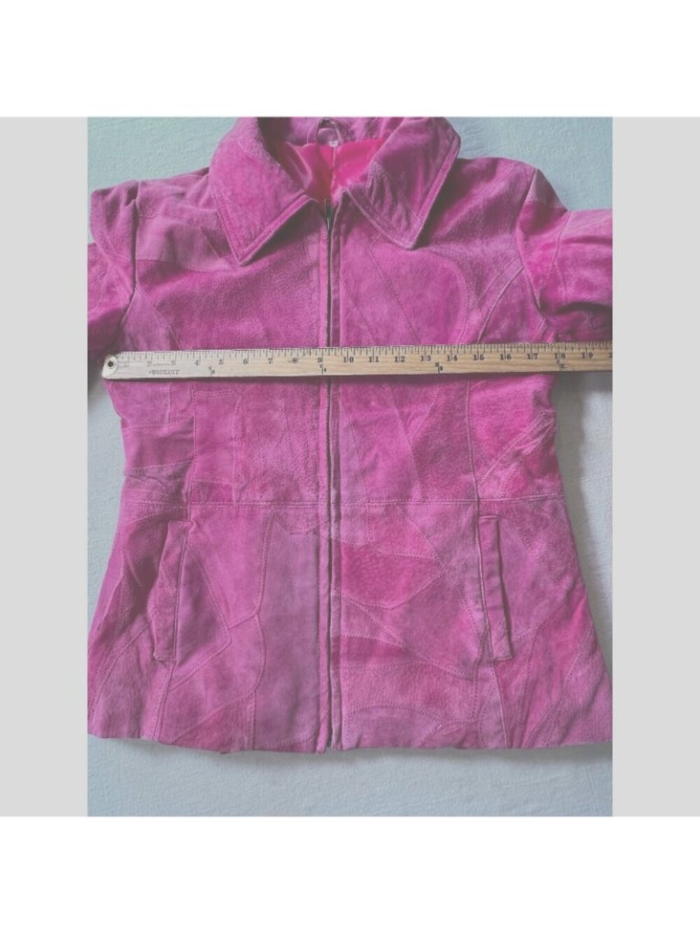 Vintage Suede Jacket Coat Womens Hot Pink X-XL Patchwork Full Zip Pockets 1970s - Picture 3 of 9